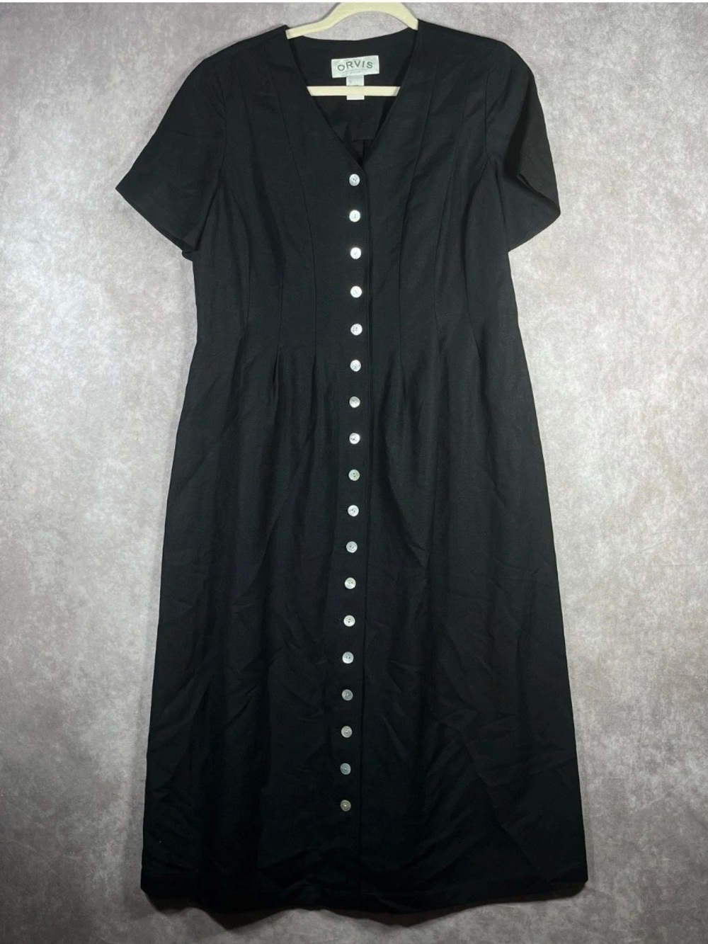 Orvis Shirt Dress Womens 14P Black Linen Blend Button Front V-Neck Minimalist